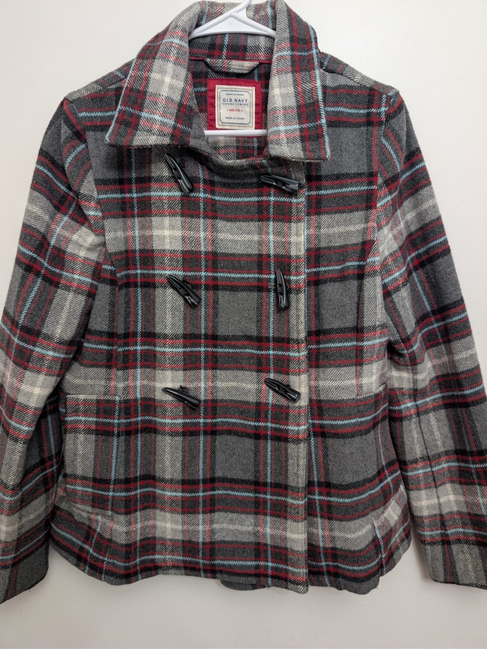 Vintage Old Navy Coast to Coast Plaid Toggle Peacoat Wool Blend Size Med